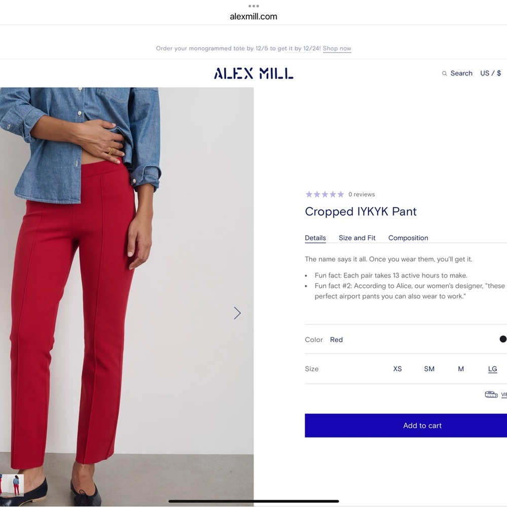 Alex Mill Vibrant Red Ankle Length Trousers